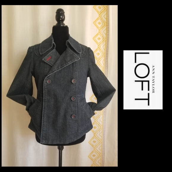 Loft Dark Wash Denim Double Breasted Peacoat - Picture 2 of 9